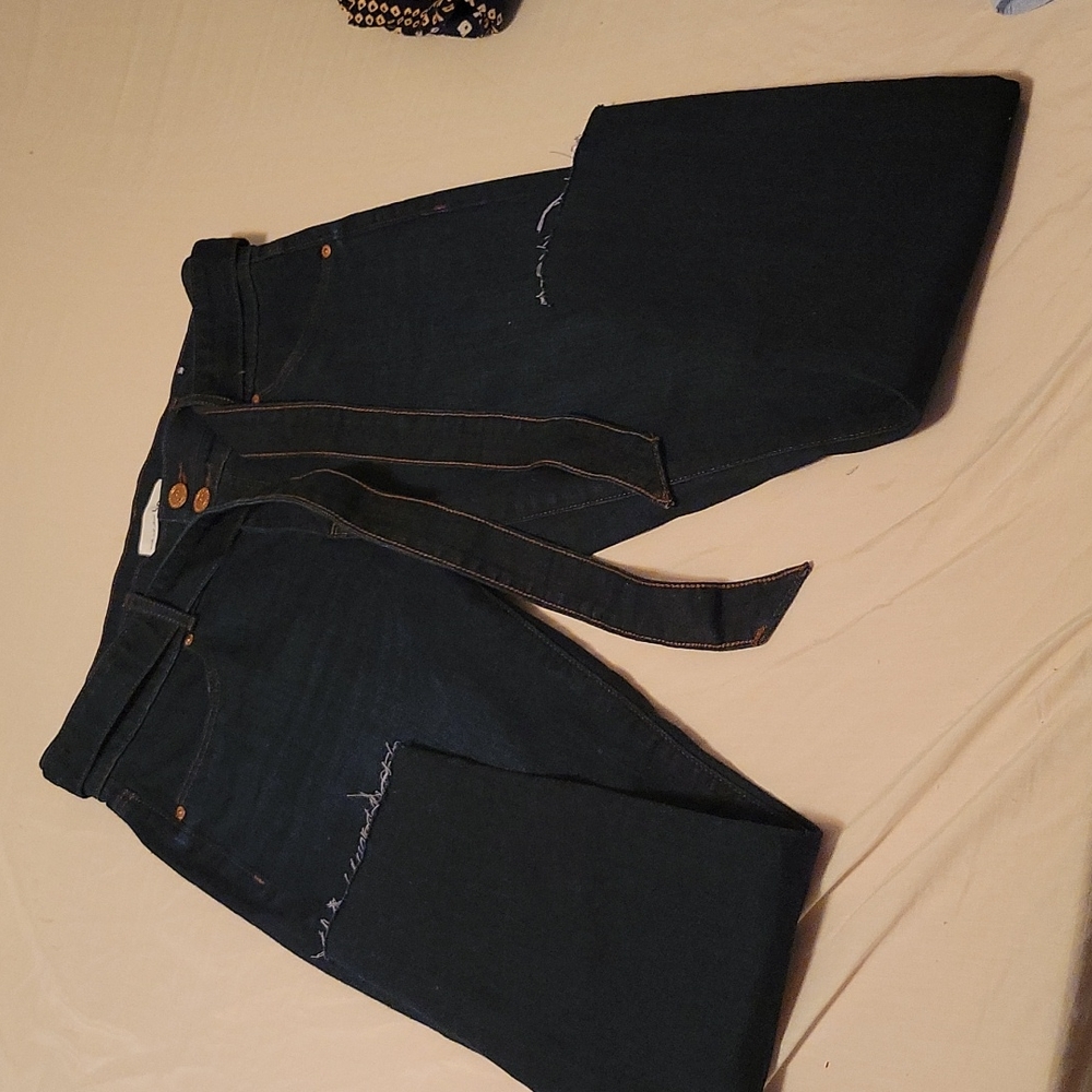 high-waisted skinny ankle frayed bottom jeans dark blue